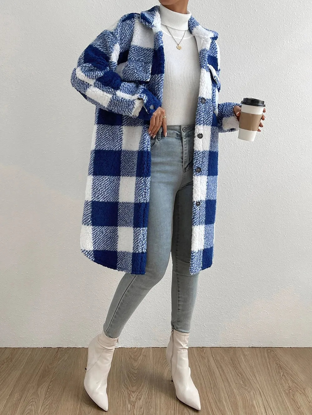 Karierter Damen-Teddy-Mantel | Warm