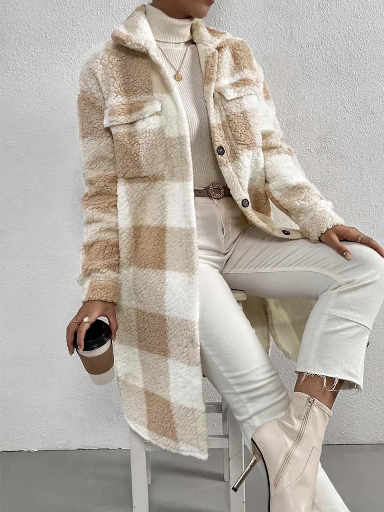 Karierter Damen-Teddy-Mantel | Warm
