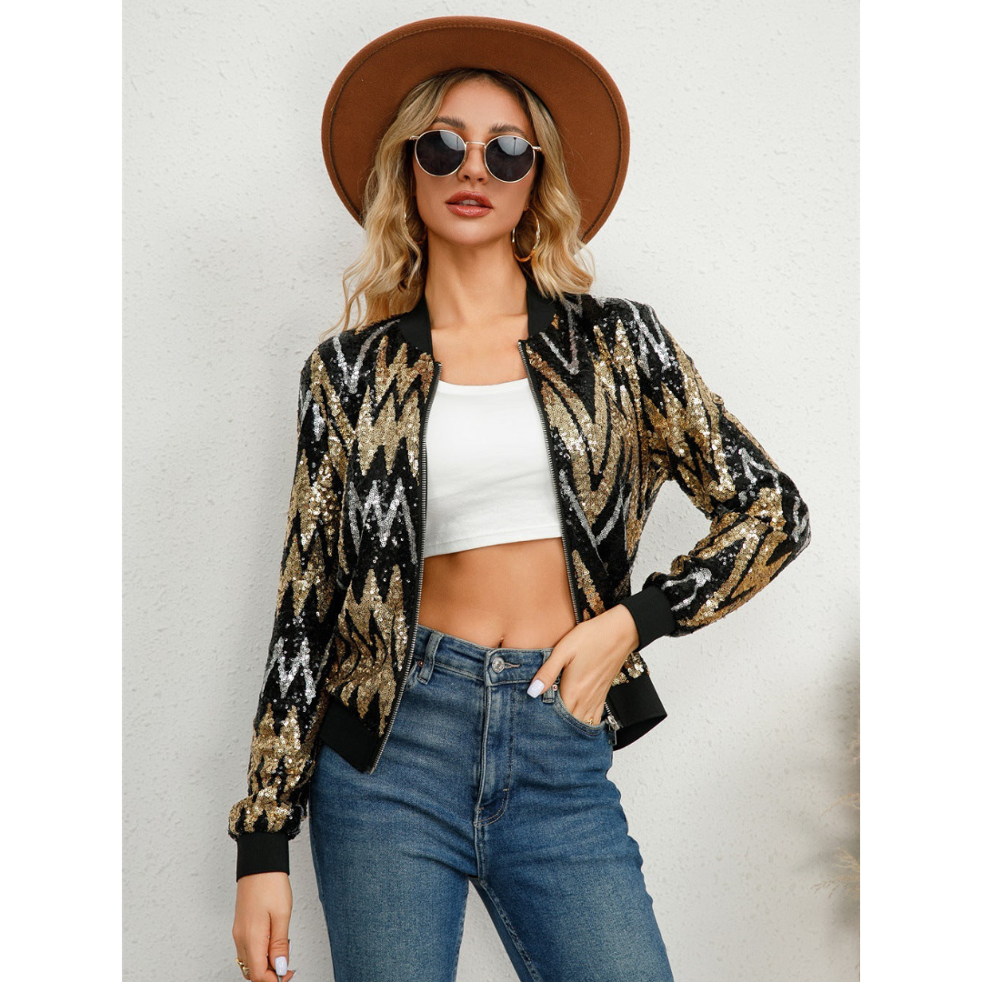 Damen Pailletten Reißverschluss Jacke | Langarm