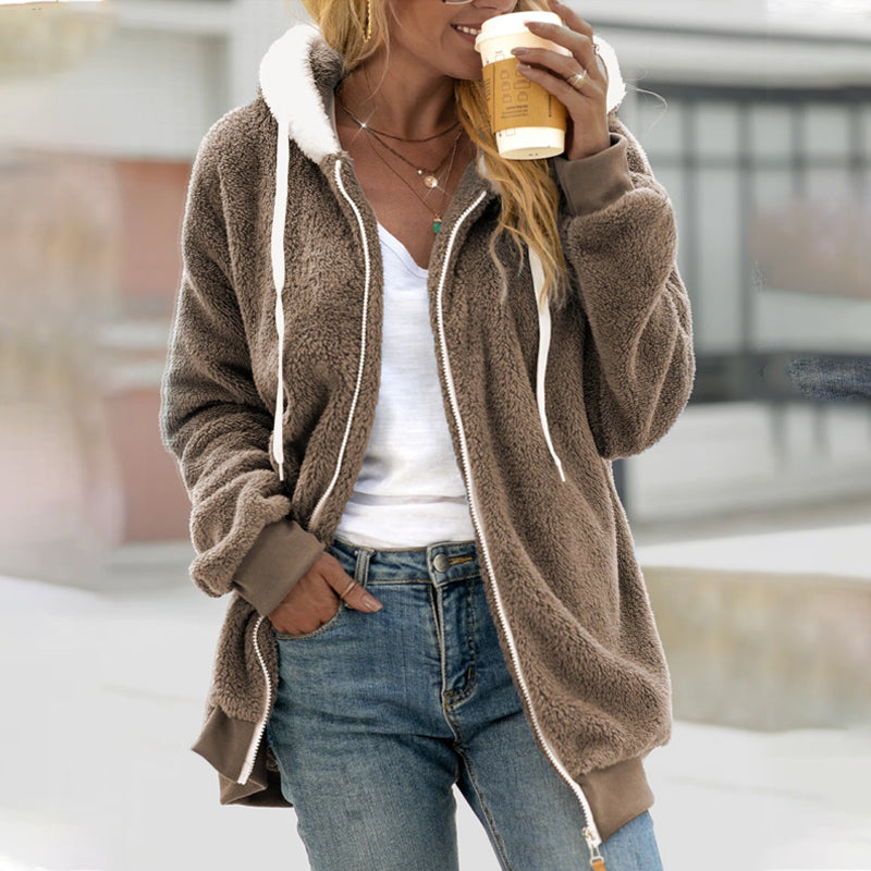 Damen Teddy Mantel mit Kapuze | Warm