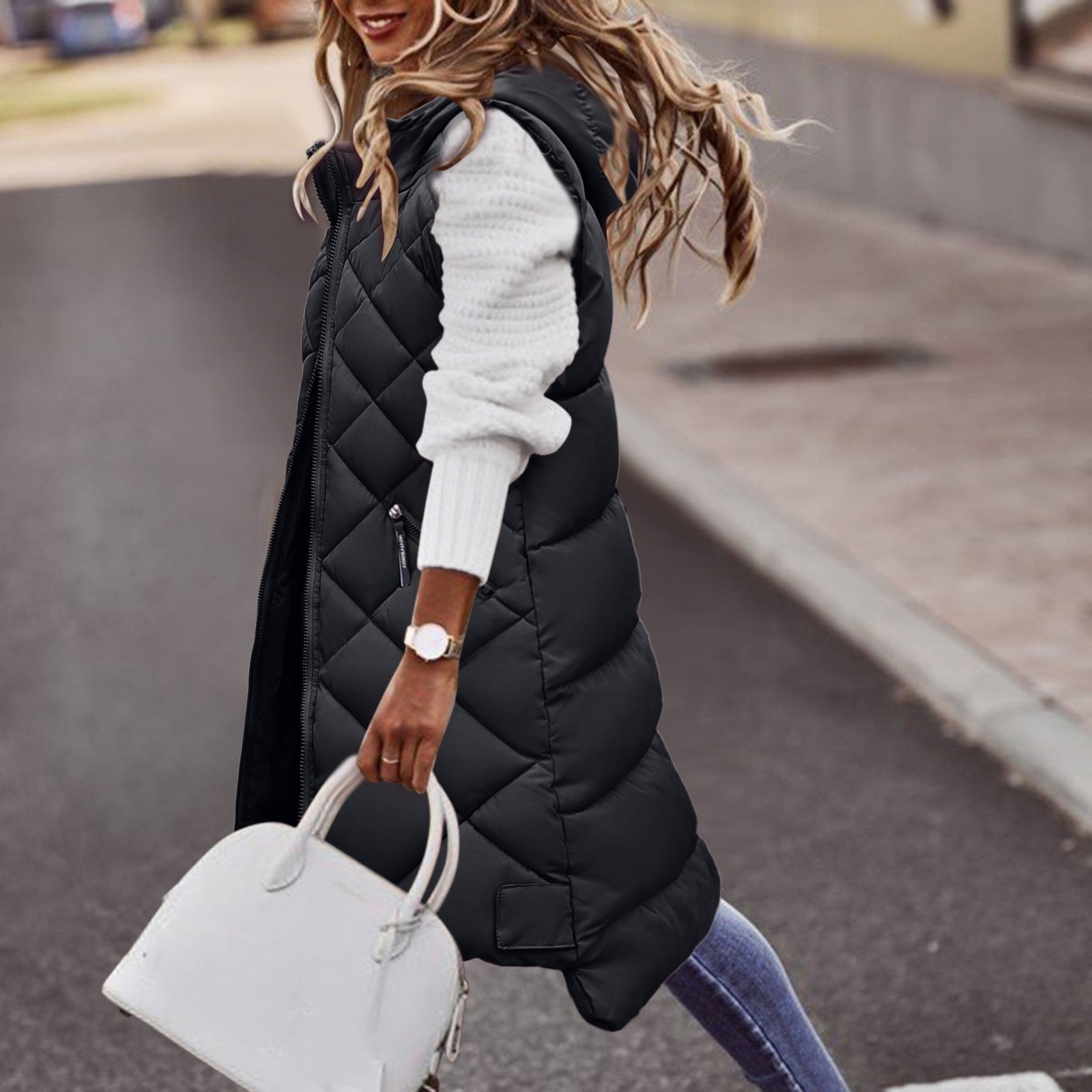 Steppweste Damen mit Kapuze | Lang