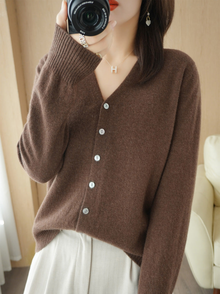 Damen Warme Strickjacke mit V-Ausschnitt | Knopf Daunen