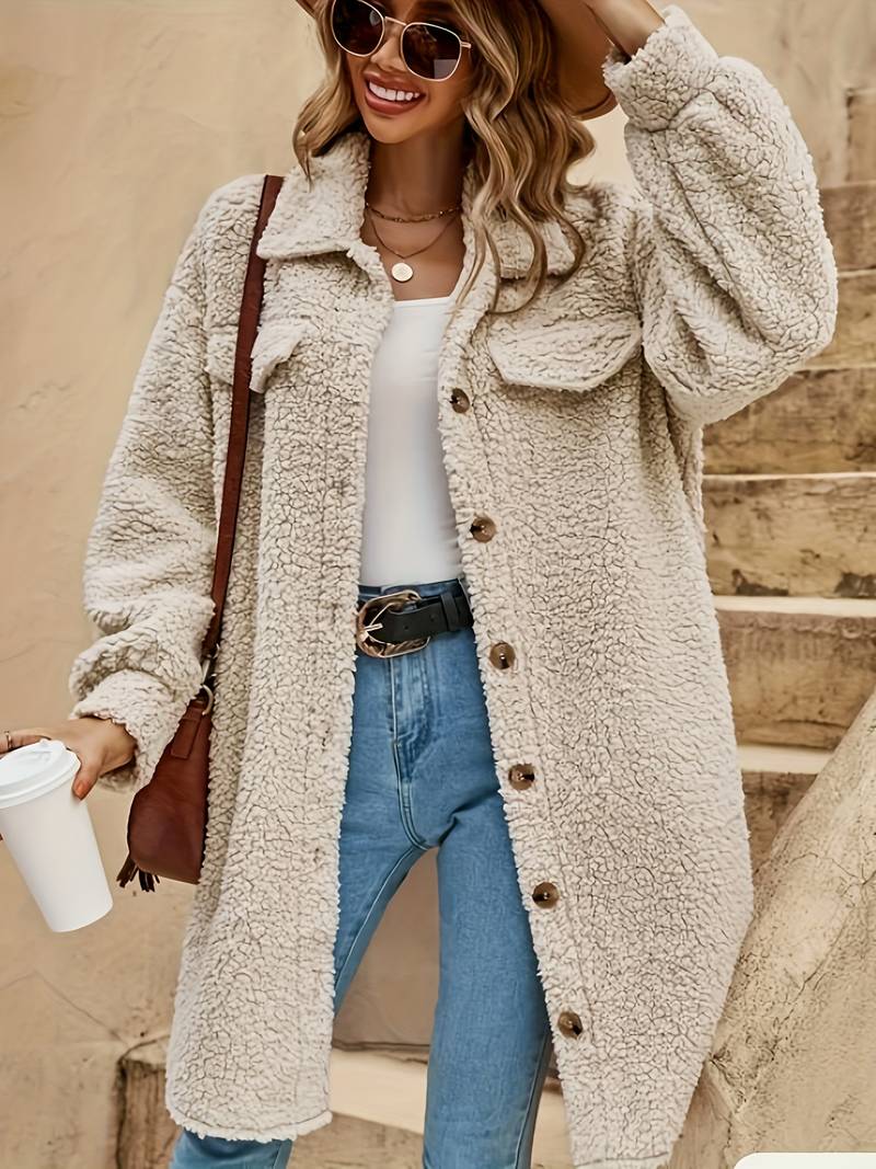 Langer Damen-Teddy-Mantel | Beige