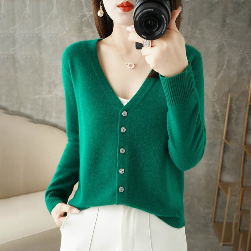 Damen Warme Strickjacke mit V-Ausschnitt | Knopf Daunen