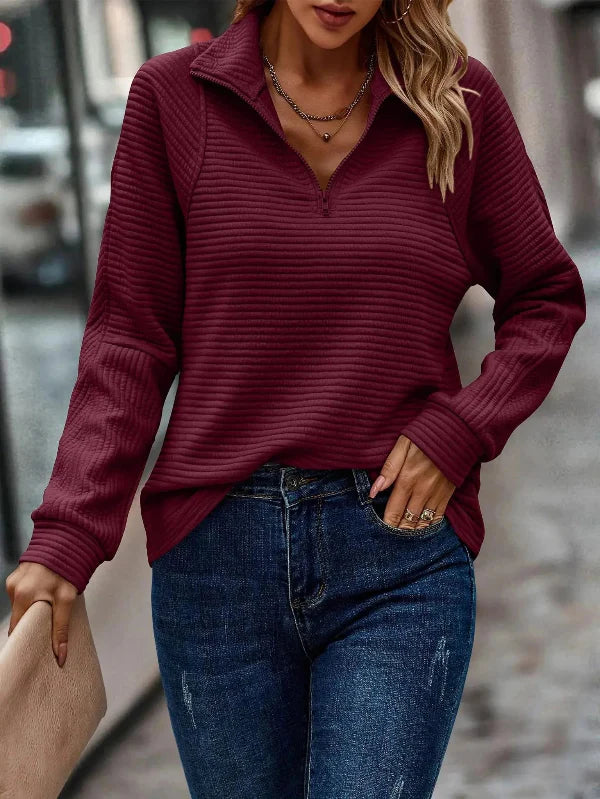 Damen Halber Reißverschluss V Ausschnitt Pullover | Langarm