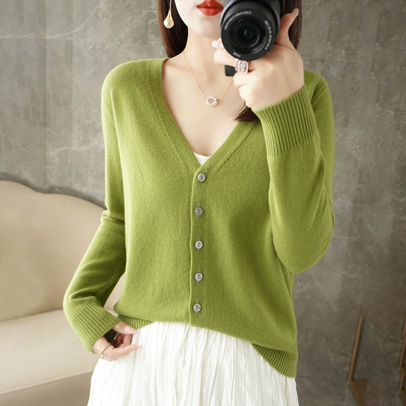 Damen Warme Strickjacke mit V-Ausschnitt | Knopf Daunen