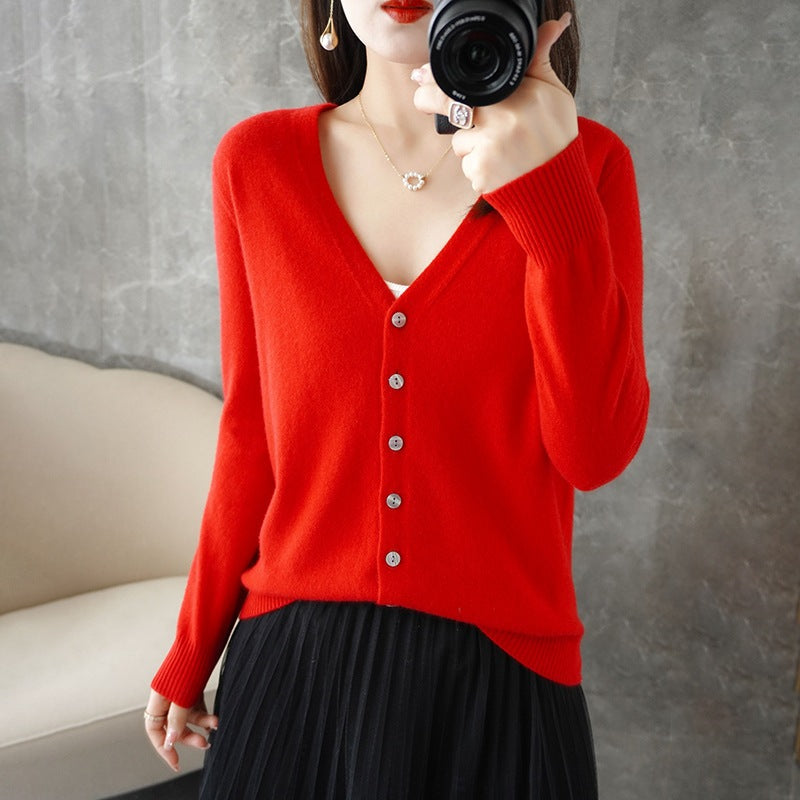 Damen Warme Strickjacke mit V-Ausschnitt | Knopf Daunen