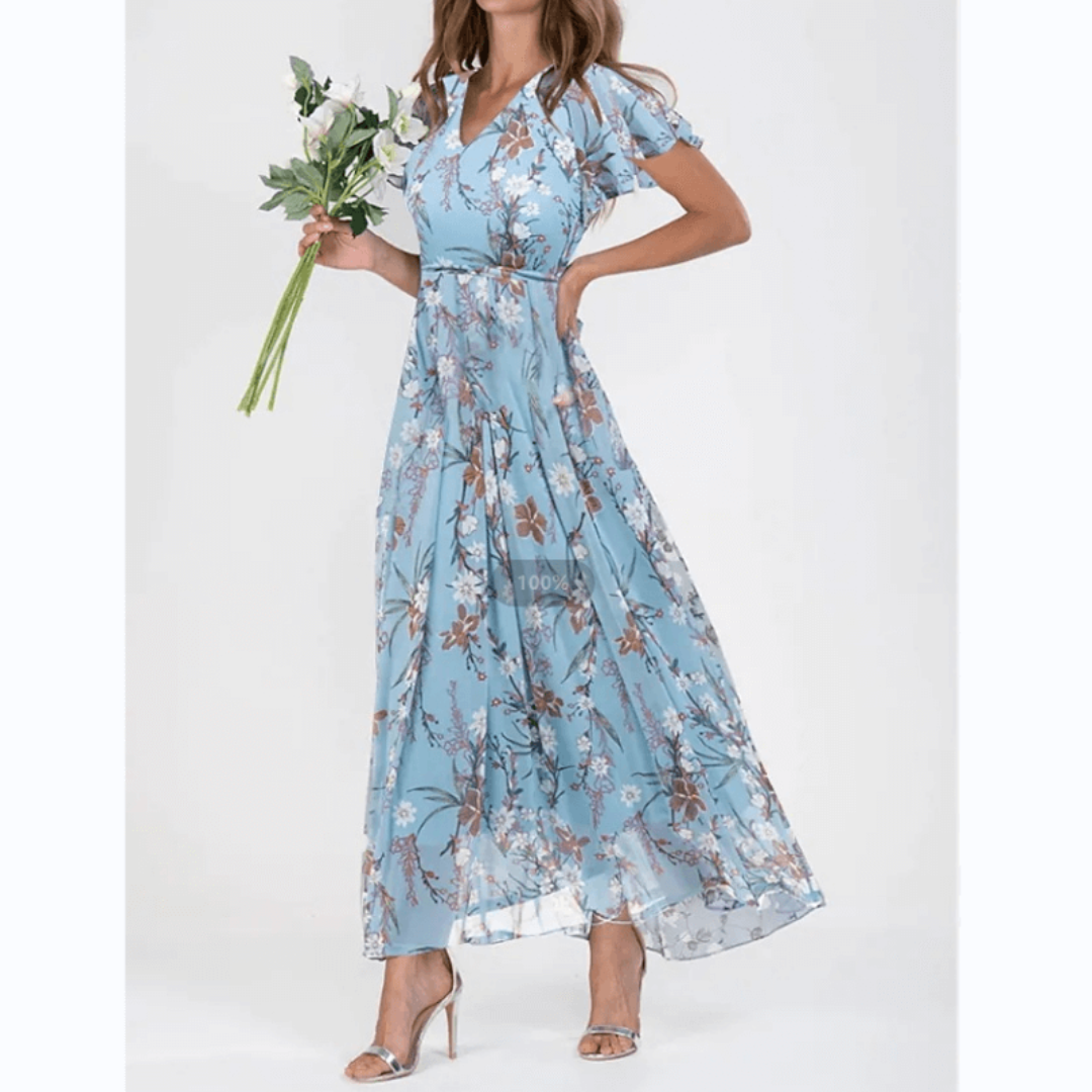 Damen V Ausschnitt Blumendruck Langes Kleid | Maxi
