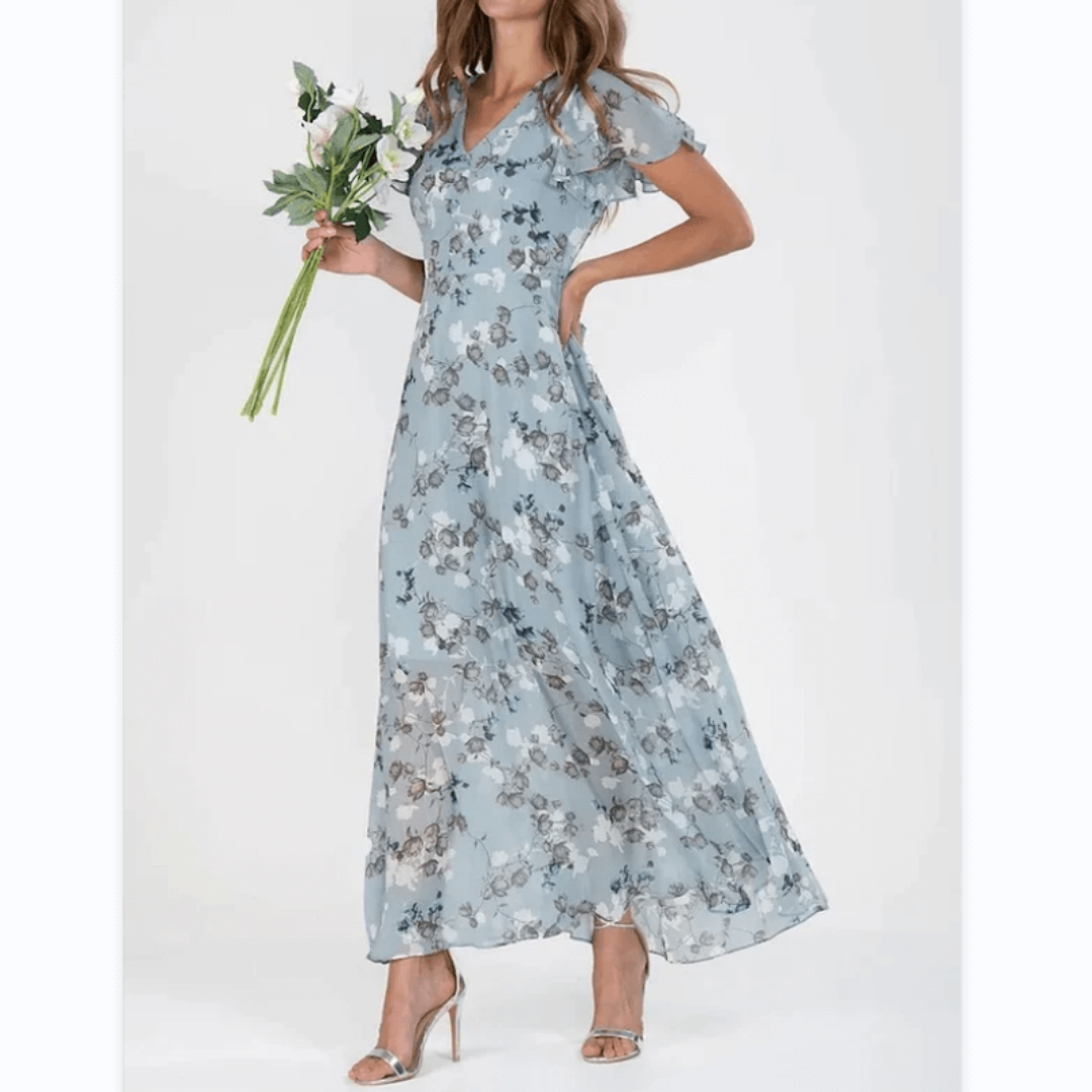 Damen V Ausschnitt Blumendruck Langes Kleid | Maxi