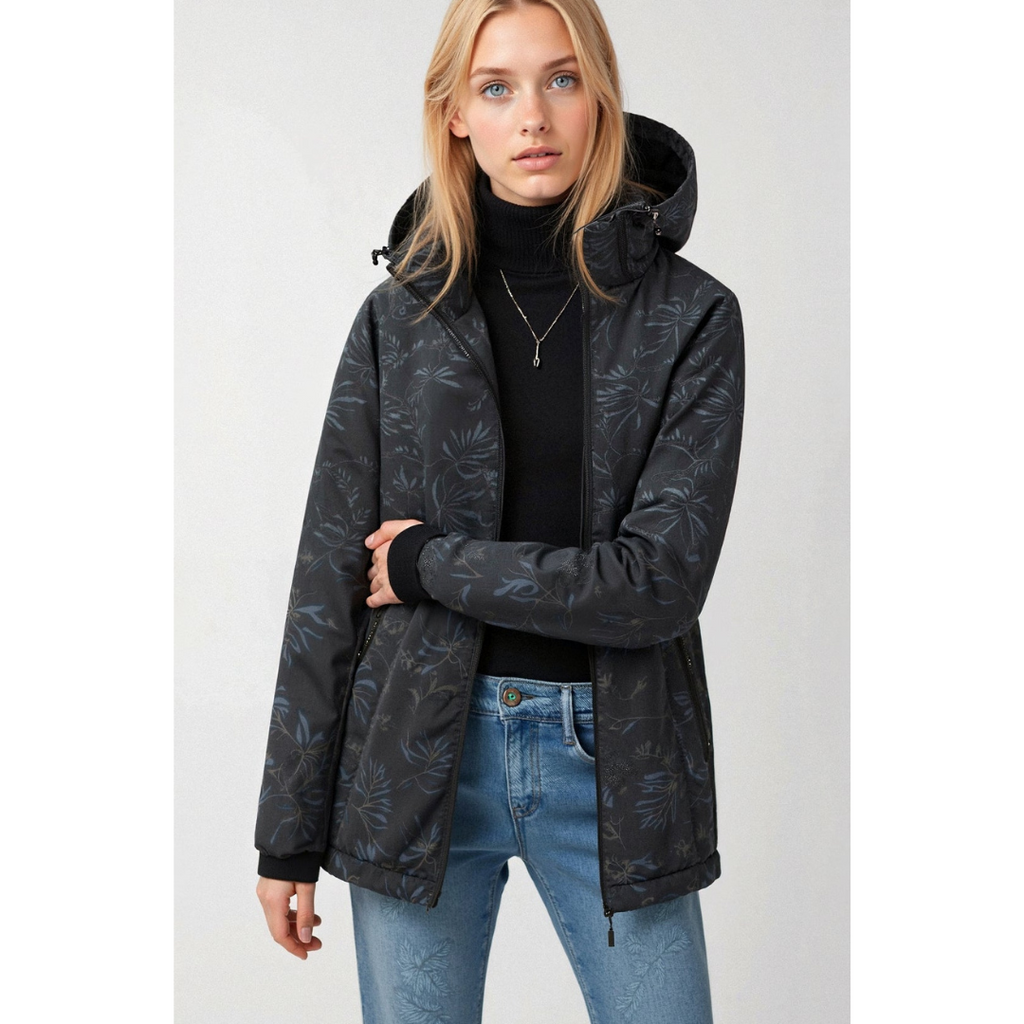 Damen bedruckte Reißverschluss-Winterjacke | Kapuze
