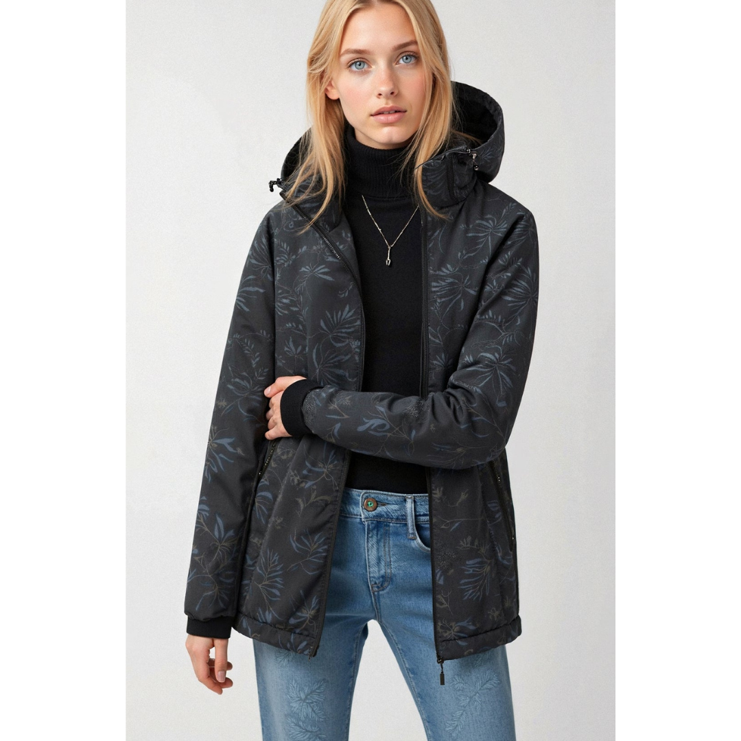 Damen bedruckte Reißverschluss-Winterjacke | Kapuze
