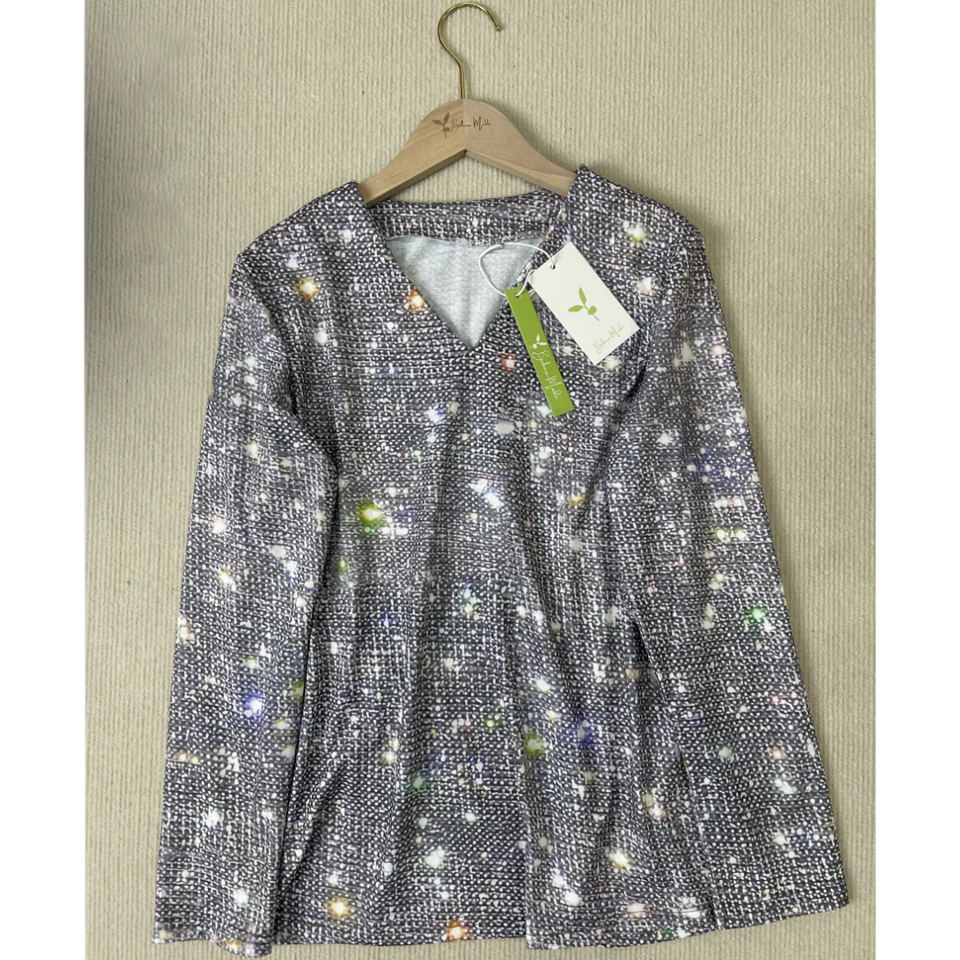 Salbina | Damen Metallic Disco Flitter Druck Oberteil | V-Ausschnitt