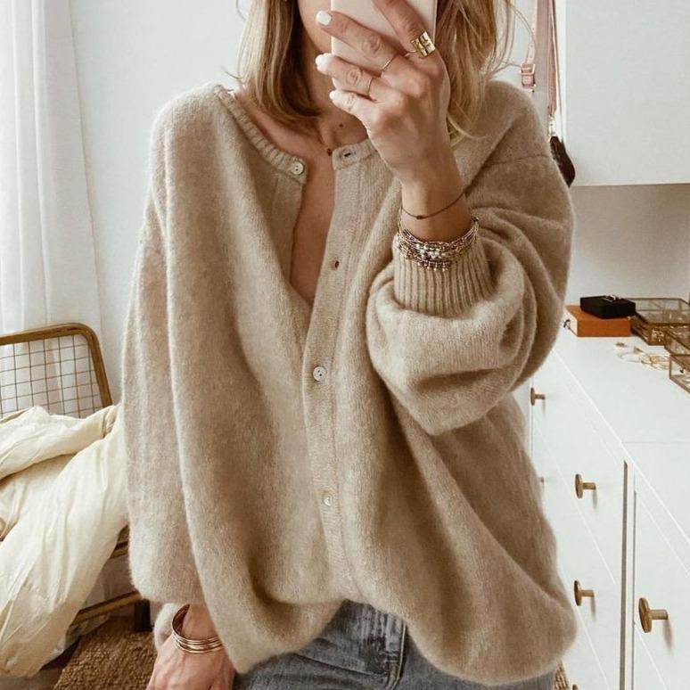 Damen Übergroße Strickjacke mit Knopfleiste | Lange Ärmel