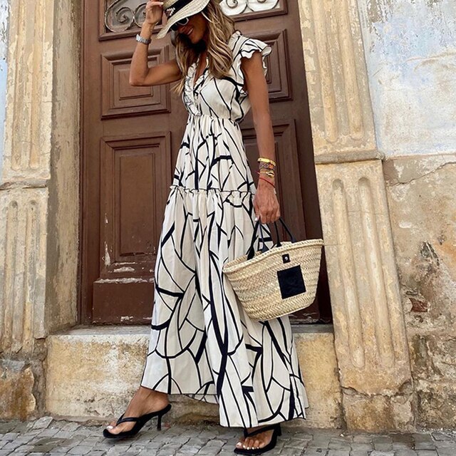 Damen Modernes Bedrucktes ärmelloses Ibiza Kleid | Maxi