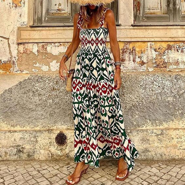 Damen Modernes Bedrucktes ärmelloses Ibiza Kleid | Maxi
