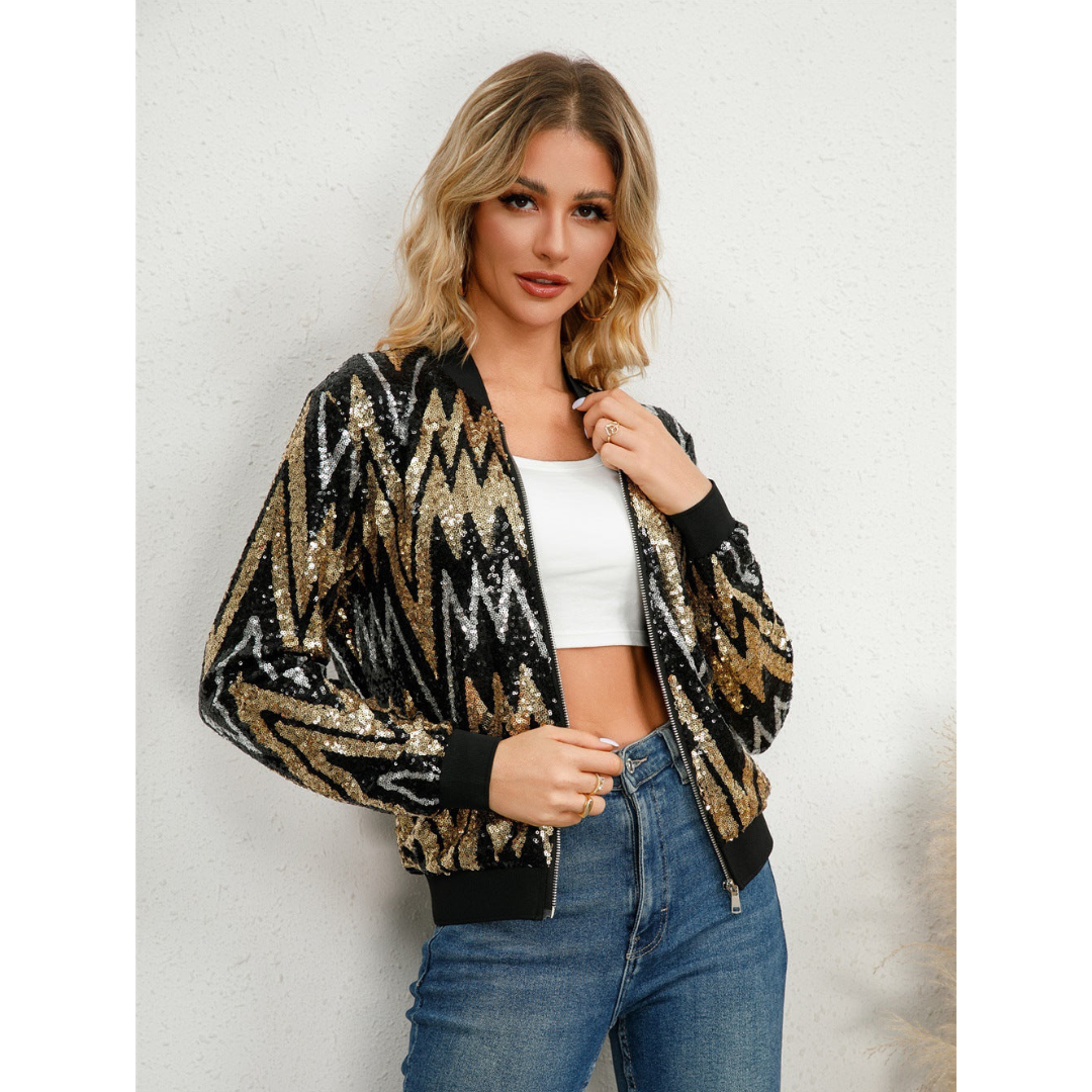 Damen Pailletten Reißverschluss Jacke | Langarm