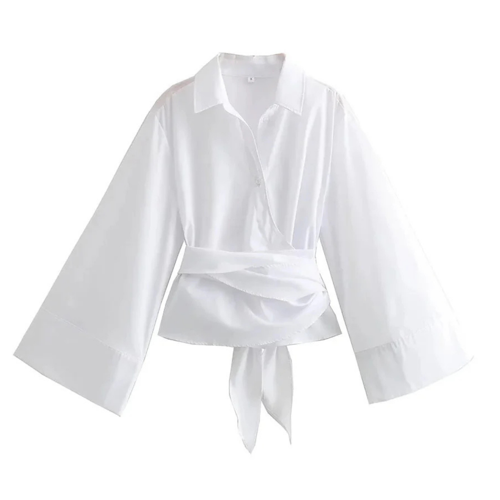 Damen Glockenärmeln Knopfleiste Kimono Hemd | Breiter Schleifengürtel