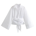 Damen Glockenärmeln Knopfleiste Kimono Hemd | Breiter Schleifengürtel