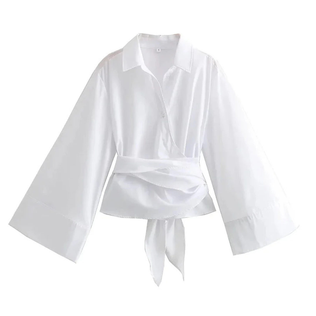 Damen Glockenärmeln Knopfleiste Kimono Hemd | Breiter Schleifengürtel