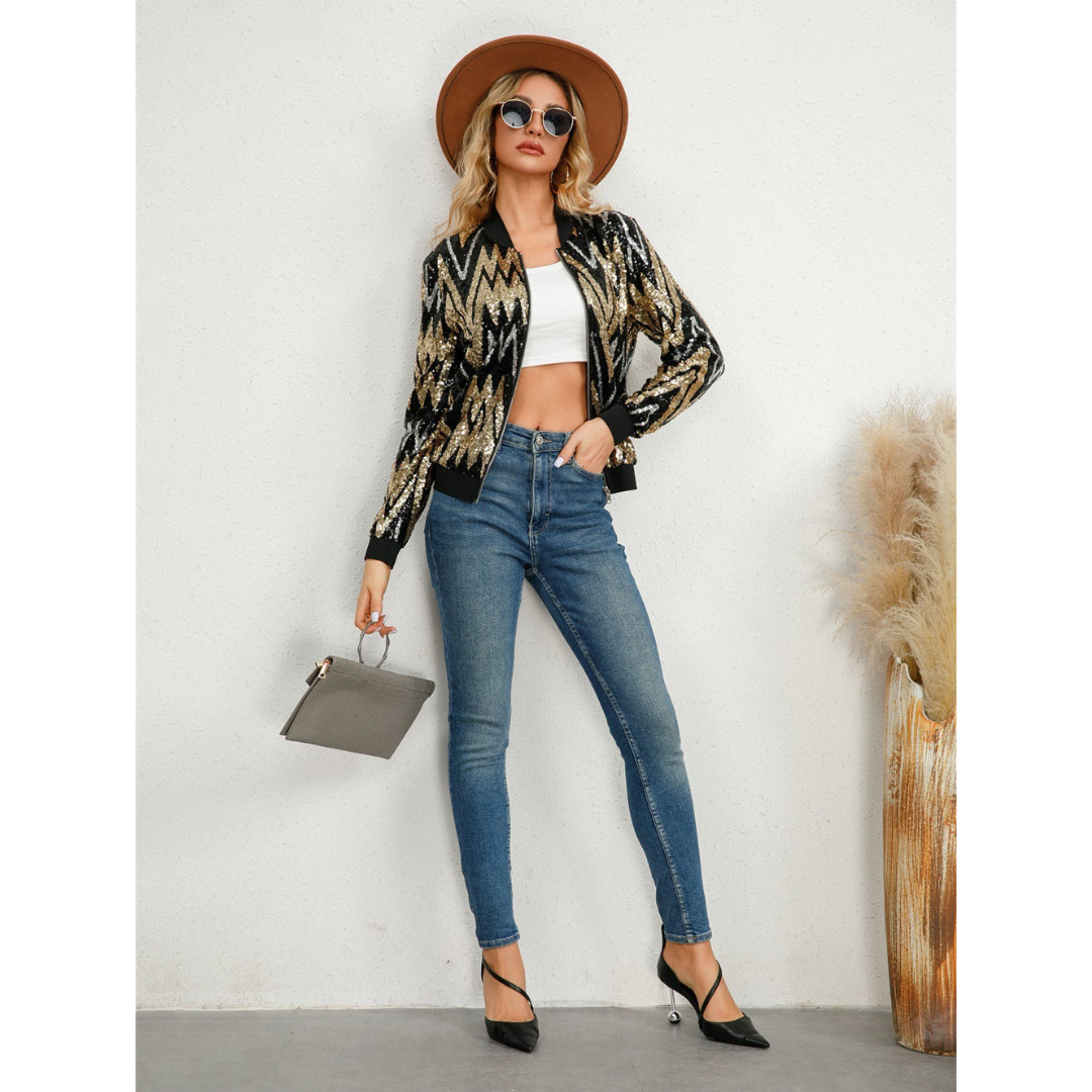 Damen Pailletten Reißverschluss Jacke | Langarm