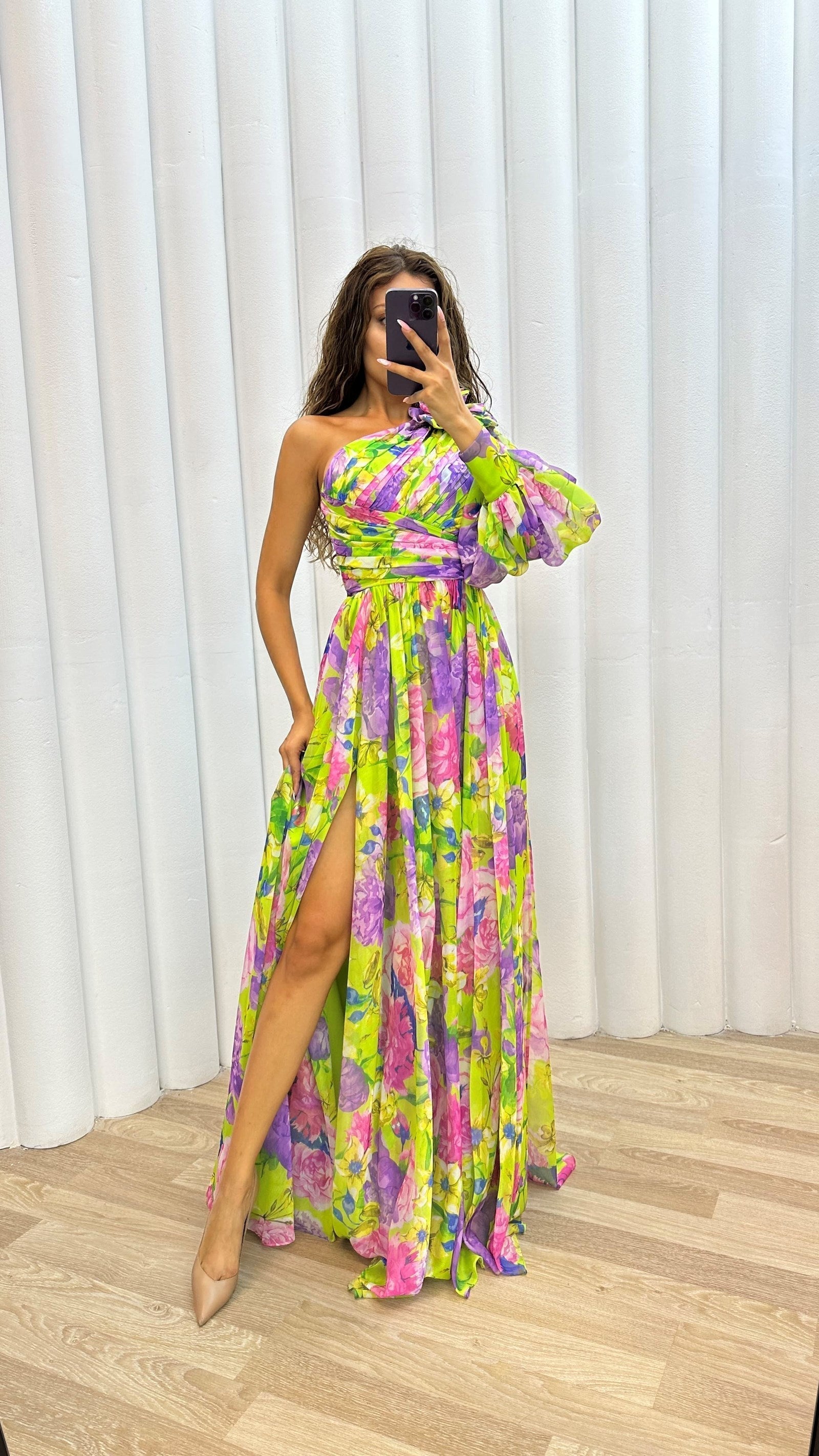Damen Hoher Schlitz Blumen Hochzeitsgast Kleid | Maxi 
