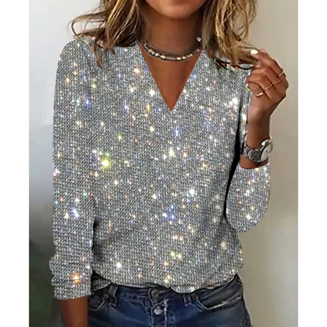 Salbina | Damen Metallic Disco Flitter Druck Oberteil | V-Ausschnitt