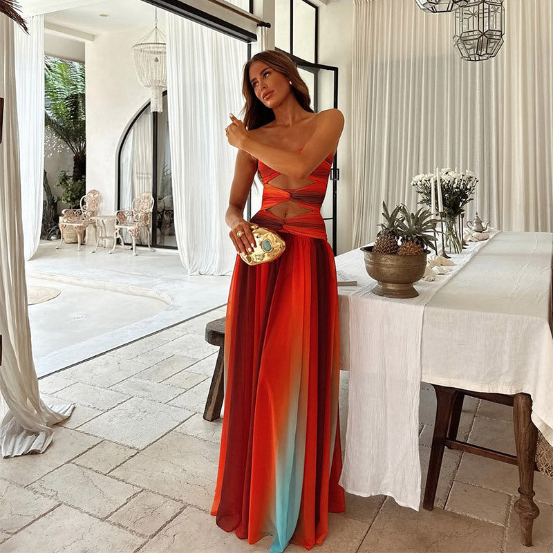 Damen Stylisch Ombre Schulterfrei Hochzeitsgast Kleid | Maxi