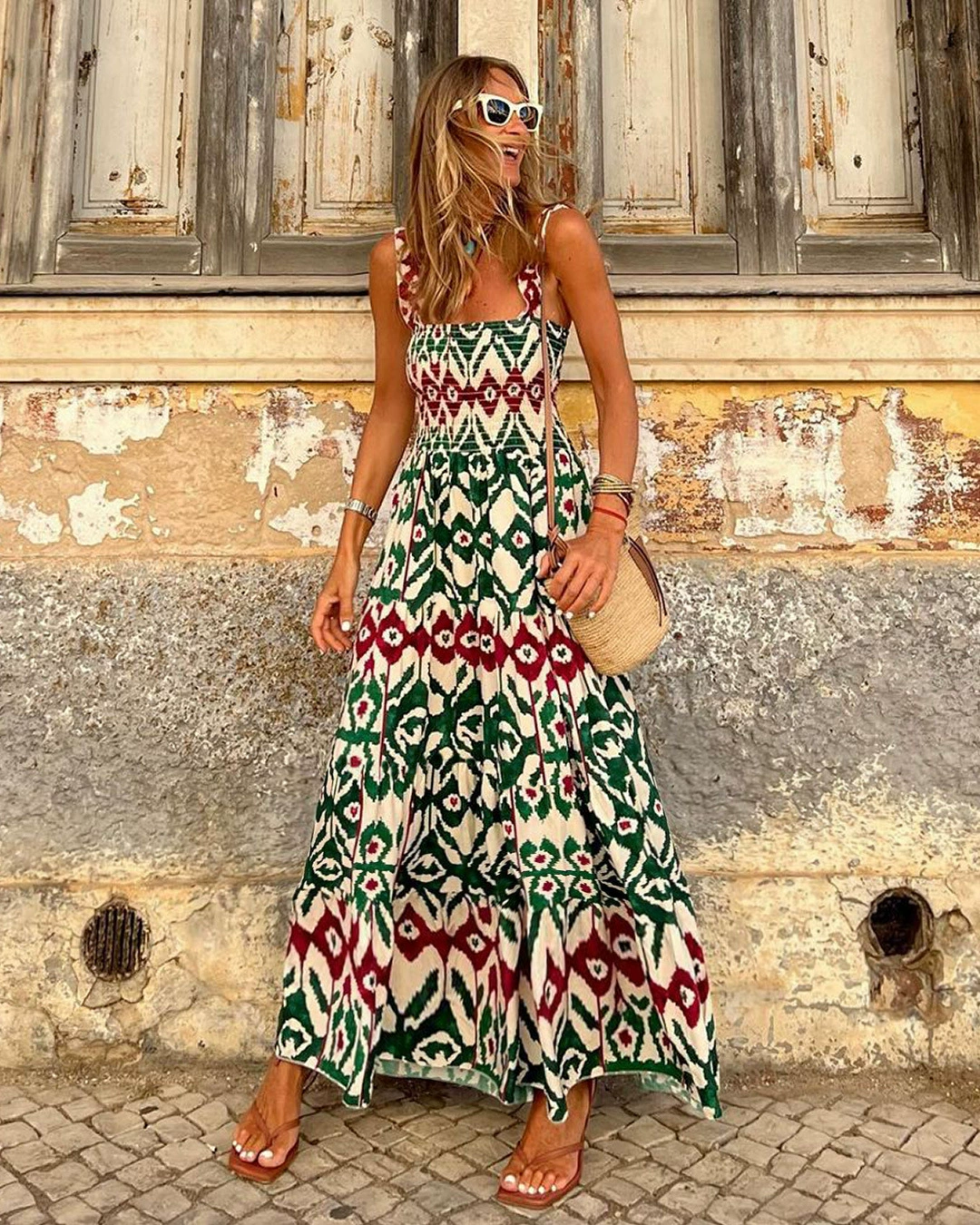 Damen Modernes Bedrucktes ärmelloses Ibiza Kleid | Maxi