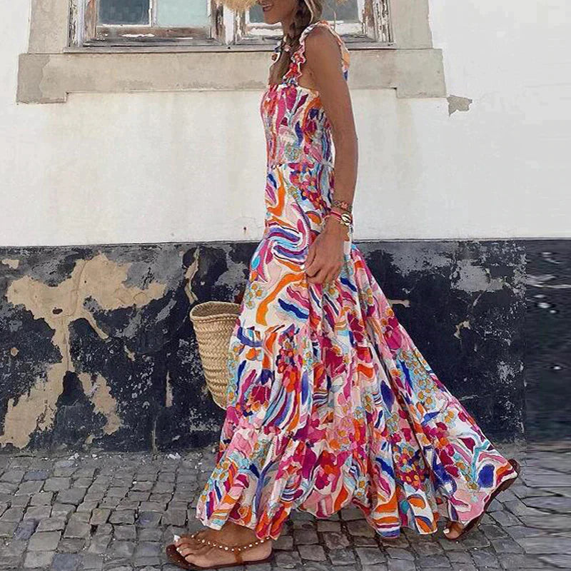 Damen Modernes Bedrucktes ärmelloses Ibiza Kleid | Maxi