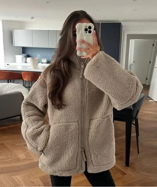 Damen Winter-Teddymantel | Mit Reißverschluss