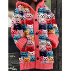 Damen Katze Kapuzen Strickjacke | Knopf Daunen
