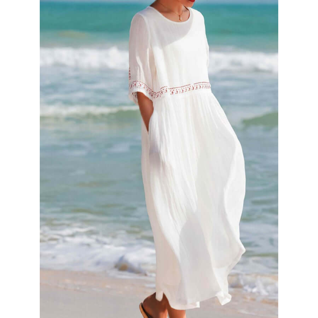 Damen Lose Besticktes Rundhalsausschnitt Kleid | Maxi
