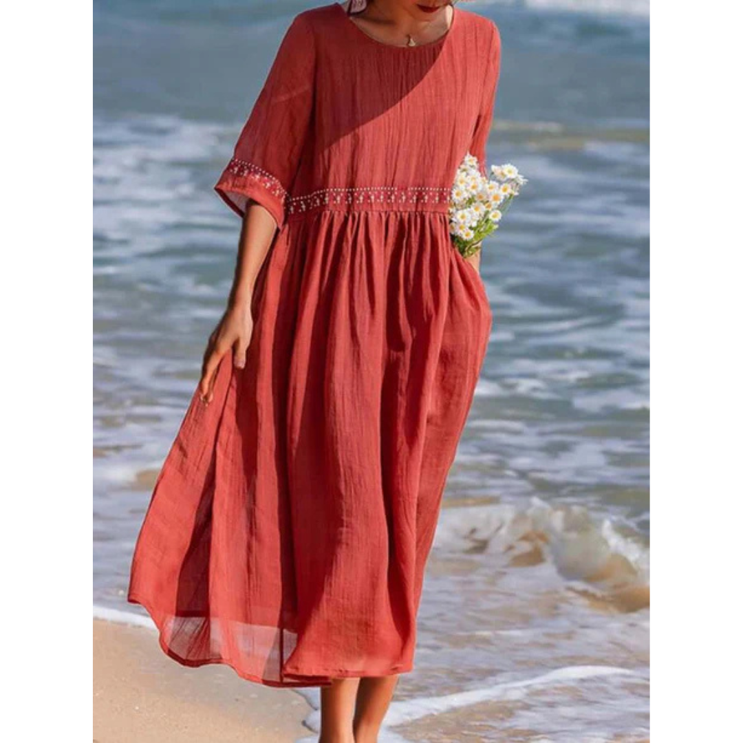Damen Lose Besticktes Rundhalsausschnitt Kleid | Maxi