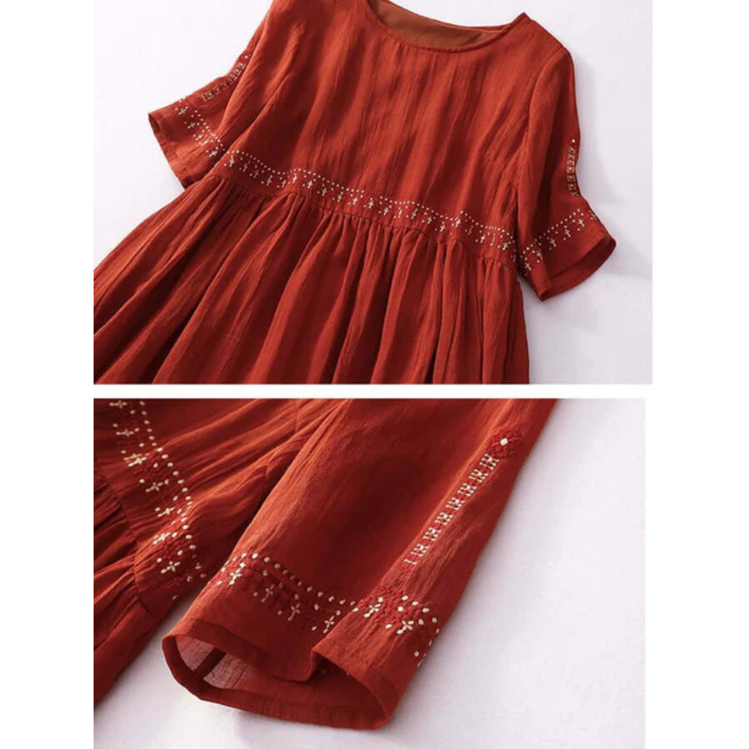 Damen Lose Besticktes Rundhalsausschnitt Kleid | Maxi