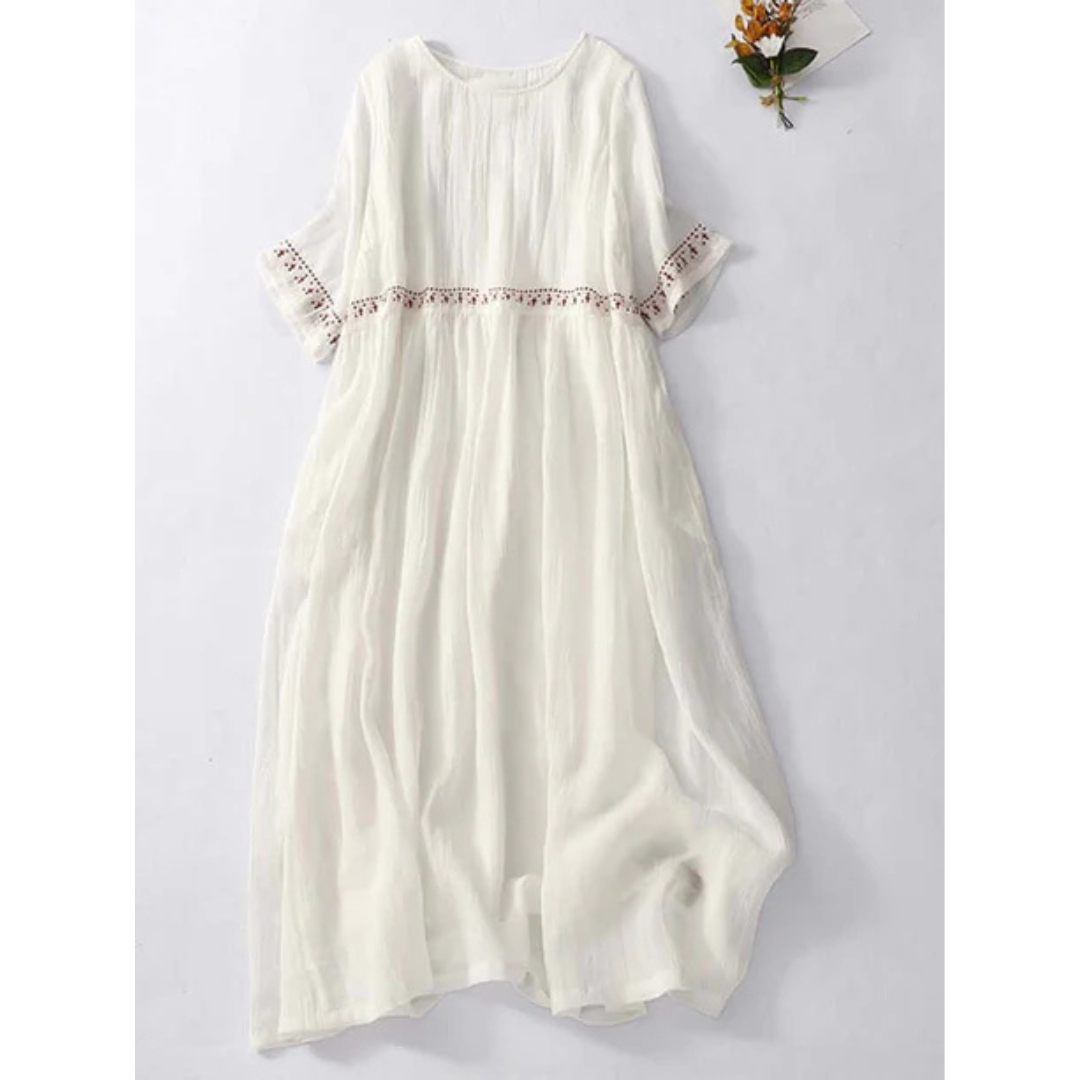 Damen Lose Besticktes Rundhalsausschnitt Kleid | Maxi