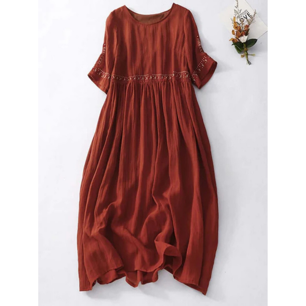 Damen Lose Besticktes Rundhalsausschnitt Kleid | Maxi