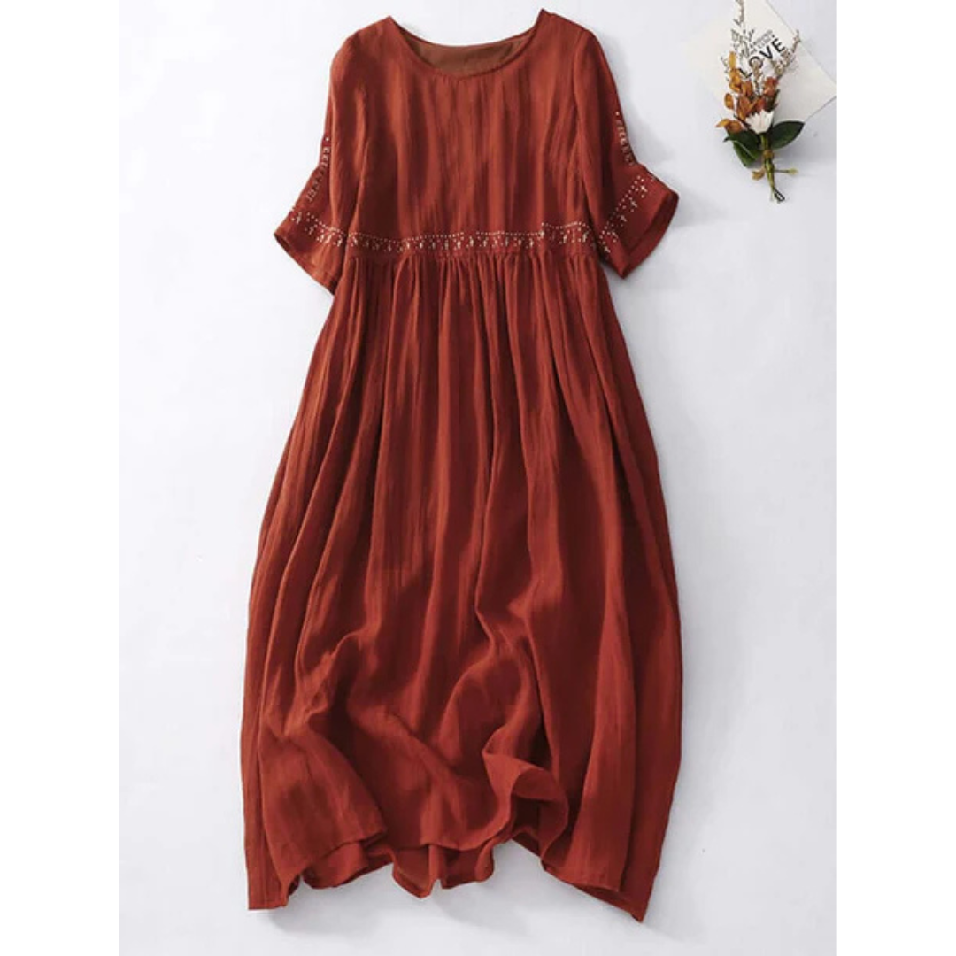 Damen Lose Besticktes Rundhalsausschnitt Kleid | Maxi