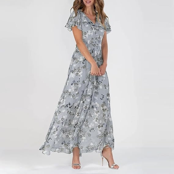 Damen V Ausschnitt Blumendruck Langes Kleid | Maxi