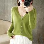 Damen Warme Strickjacke mit V-Ausschnitt | Knopf Daunen