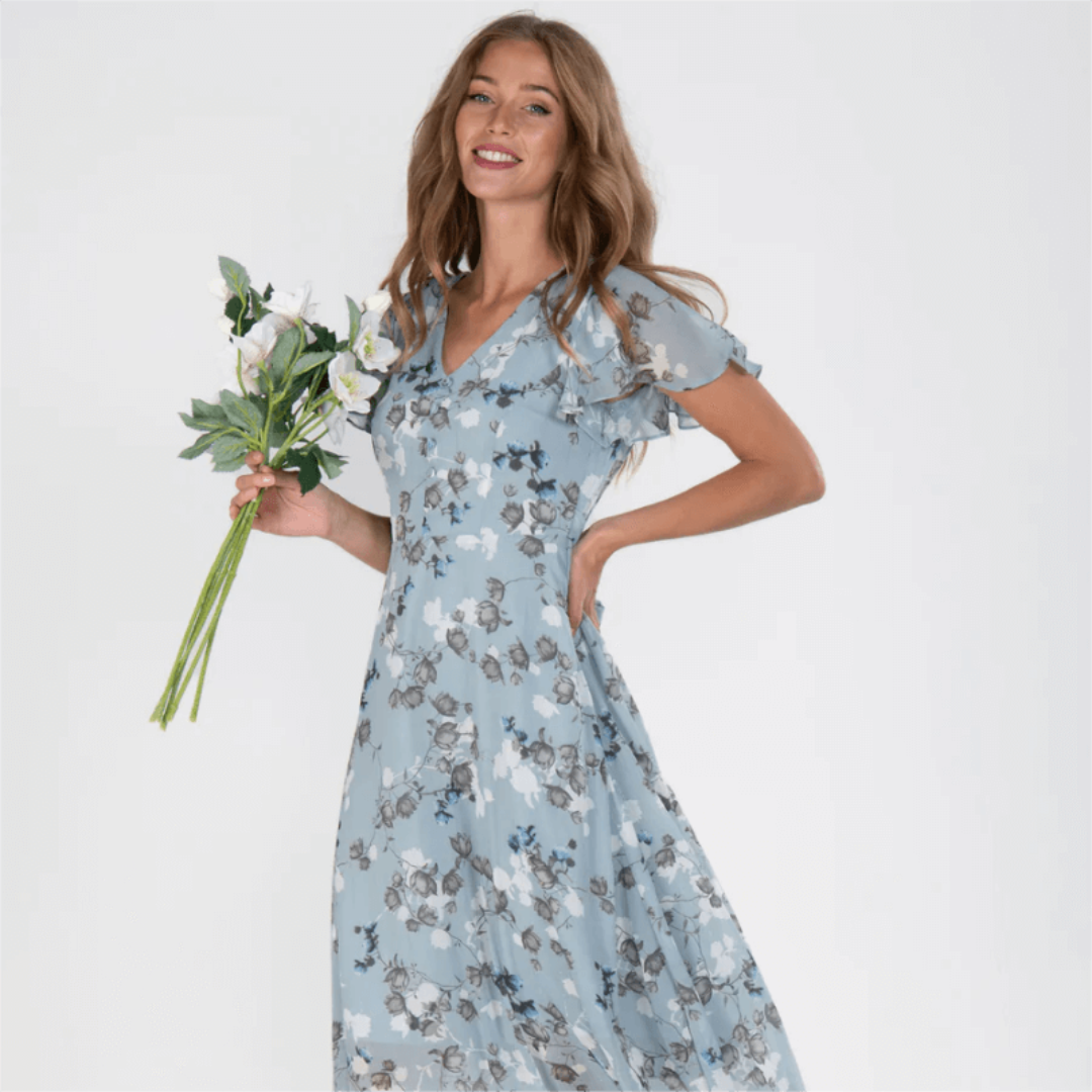 Damen V Ausschnitt Blumendruck Langes Kleid | Maxi