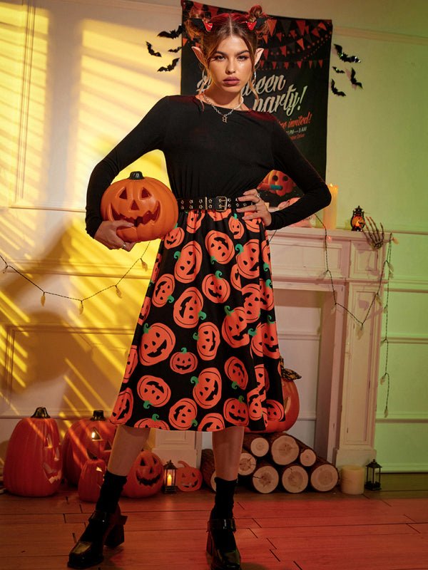 Gespenstischer Kürbis Druck Halloween Kostüm Kleid | Midi