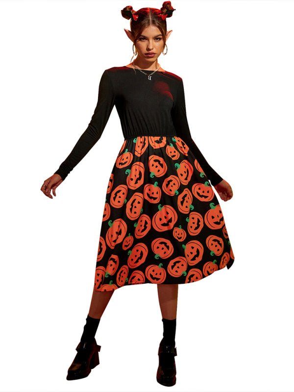 Gespenstischer Kürbis Druck Halloween Kostüm Kleid | Midi